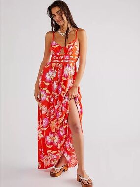 Free People Wisteria Floral Maxi Dress in Red Pop Combo Floral Small